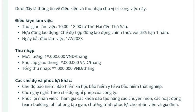 Thông tin về việc làm mà ứng viên trúng tuyển