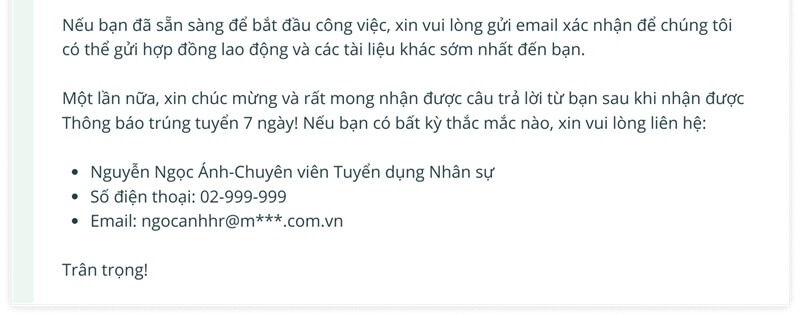 Phần kết thư mời nhận việc